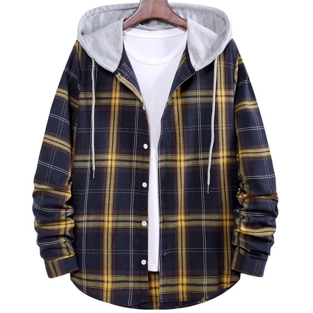 Men's Outdoor Classic Plaid Hooded Colorblock Long Sleeve Shirt
