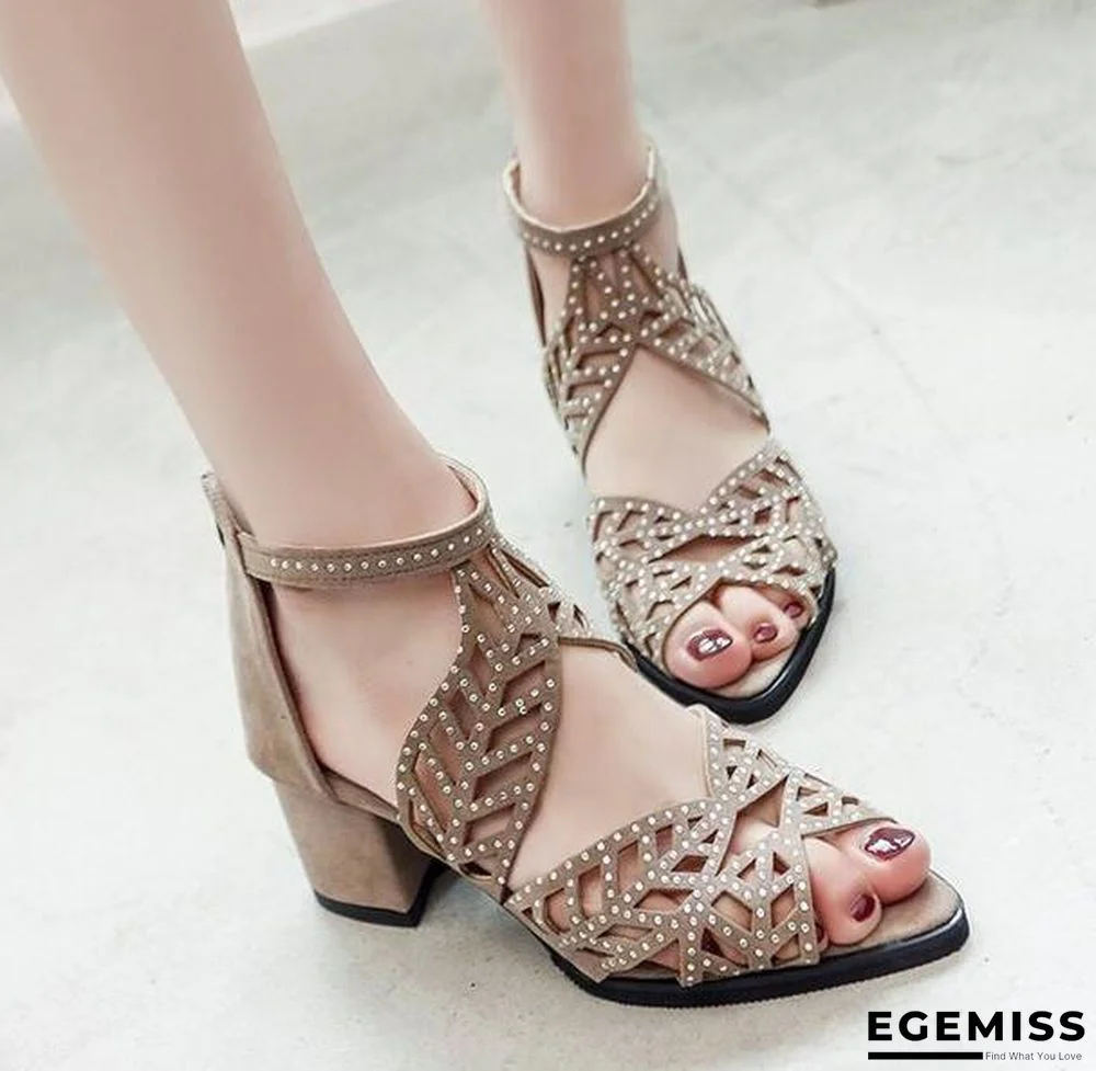 Women Leather Fish Mouth Open Toe Sandals Hollow Square Heel Shoes | EGEMISS