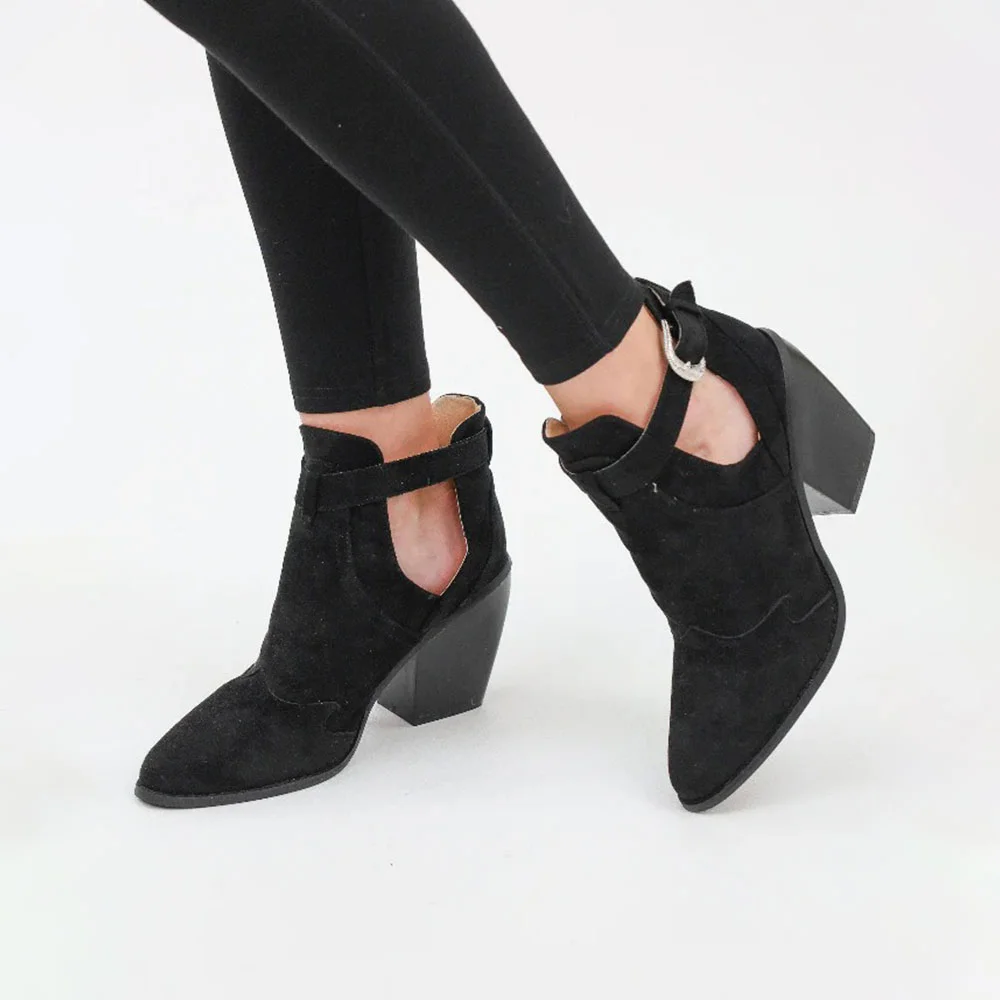 Black Closed Toe Block Heel Cut-Out Buckle Ankle Boots for Women