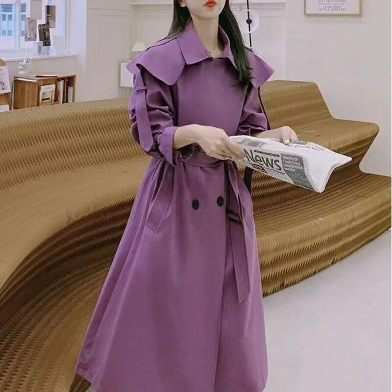 Huiketi Purple Trench Coat Spring Autumn Suit Collar Double-breasted Long Ladies Overcoat Korean Loose Windbreaker