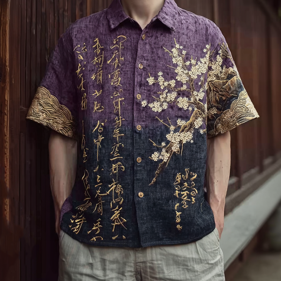 Japanese Art Retro Pattern Clash Color Design Men's Casual Linen Shirt elevenforest