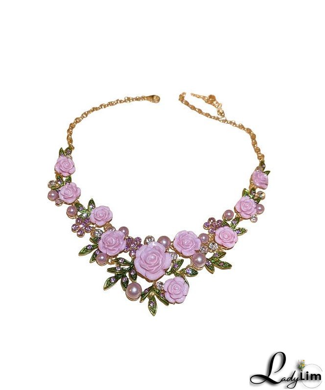 Cute Pink Sterling Silver Alloy Zircon Pearl Floral Pendant Necklace