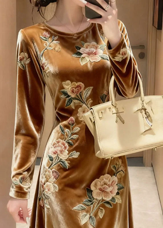 Unique Yellow O-Neck Embroidered Floral Silk Velvet Maxi Dresses Fall