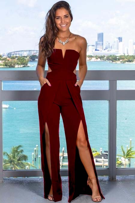  Chic Black Jumpsuit  Strapless Sleeveless Cutout Slit Long Wide Leg JP0007