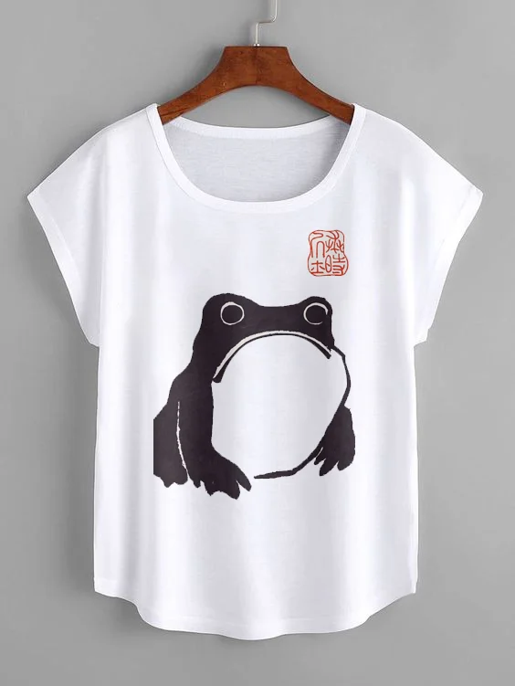 Women's Vintage Frog Art Graphic Print Scoop Neck Tee