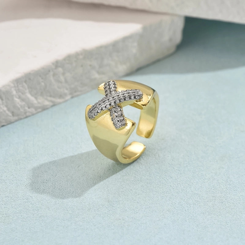 Copper 18K Gold Plated Inlay Geometric Zircon Open Rings