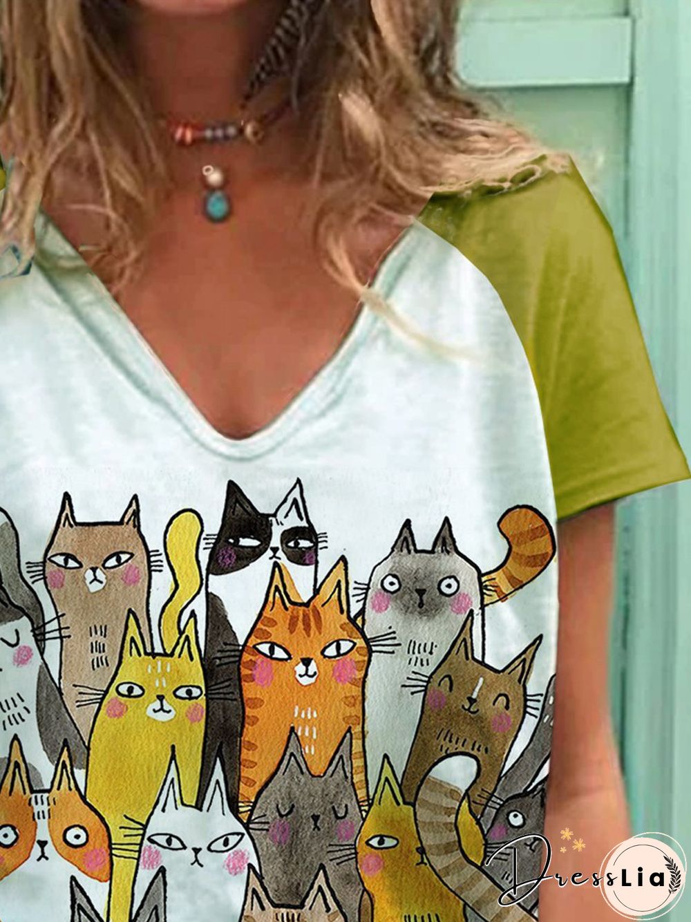 Animal Short Sleeve Printed Cotton-blend V neck Casual Summer Yellow Top