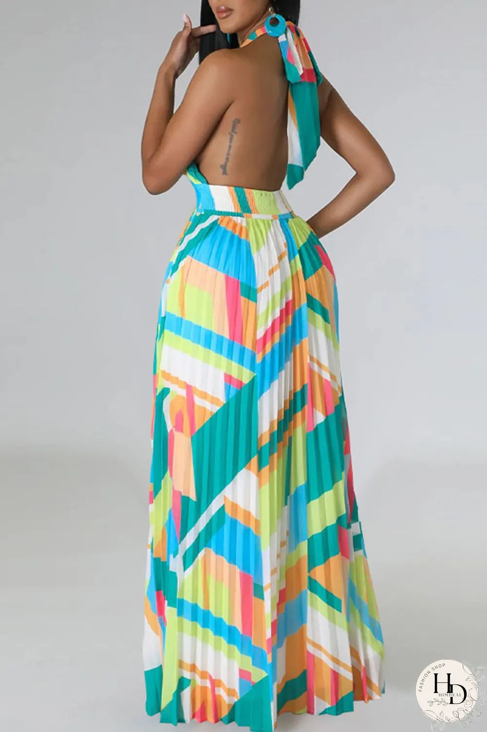 Black Sexy Print Patchwork Backless Fold Halter A Line Dresses