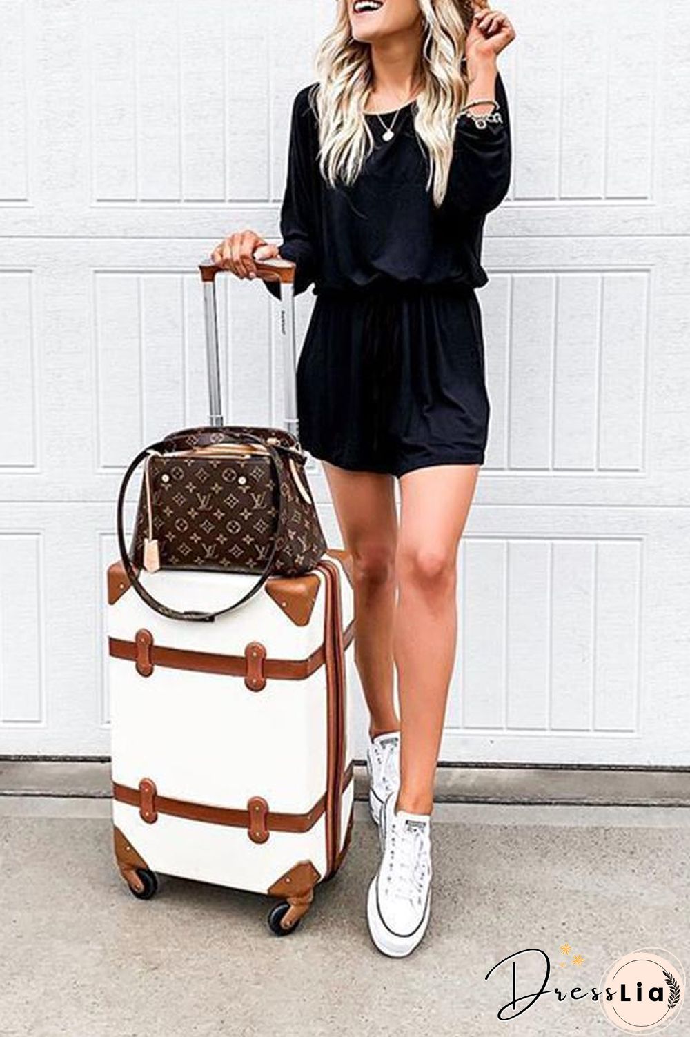 Solid Color Long Sleeve Scoop Neck Romper P15008