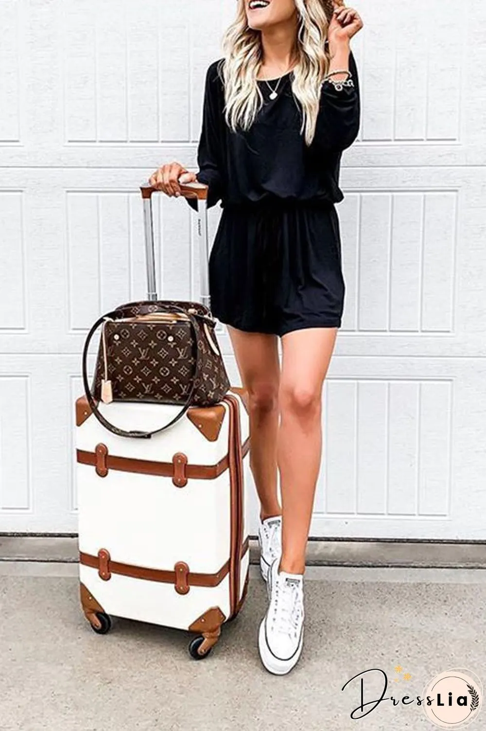 Solid Color Long Sleeve Scoop Neck Romper P15008