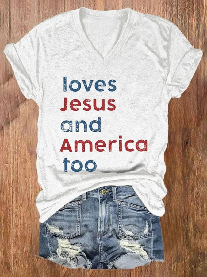 Loves Jesus And America Too V-neck T-Shirt