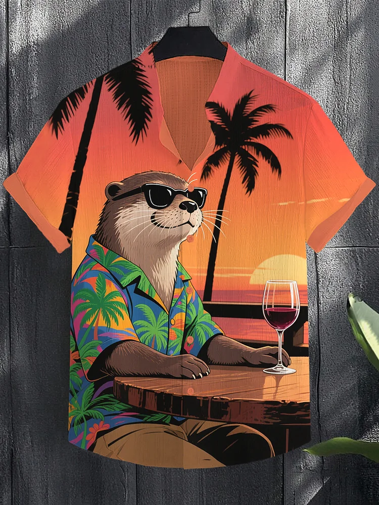 Men's Hawaii Style Palm Trees Otter Sunset Scenery Print Short Sleeve Shirt