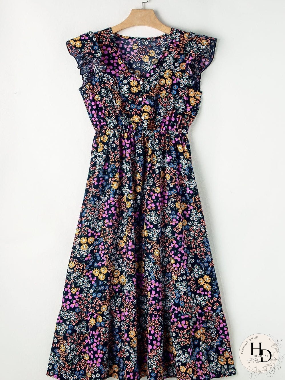 Elegant Black Floral V-Neck Midi Dress with Ruffle Sleeves