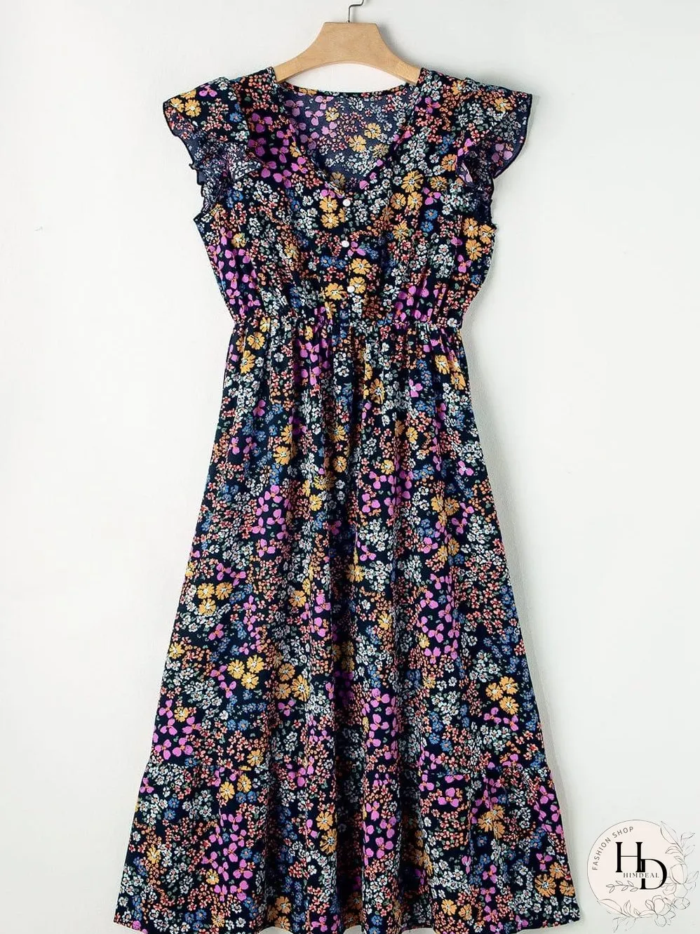 Elegant Black Floral V-Neck Midi Dress with Ruffle Sleeves