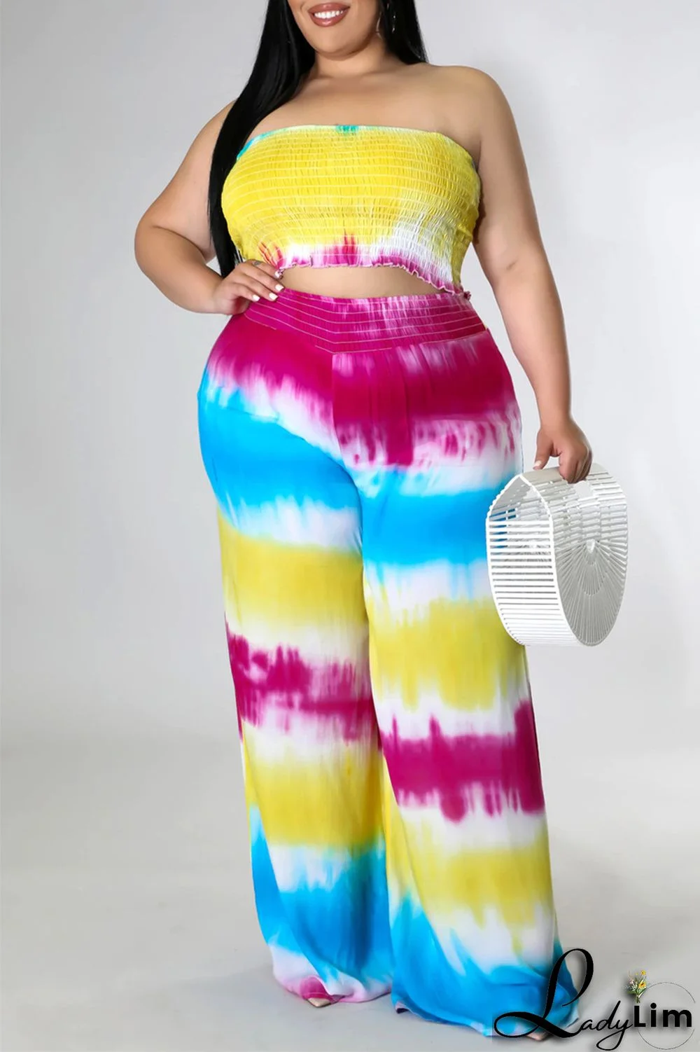 Yellow Sexy Casual Print Tie Dye Backless Strapless Plus Size Two Pieces