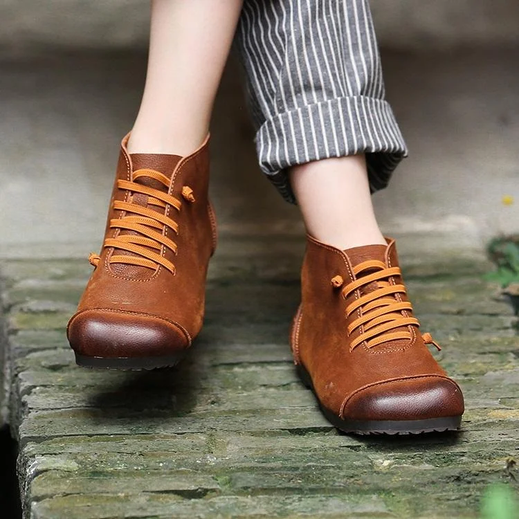 Women Ankle Booties Handmade Leather Low-Heel Square Toe Flat Riding Boots Brown/Black