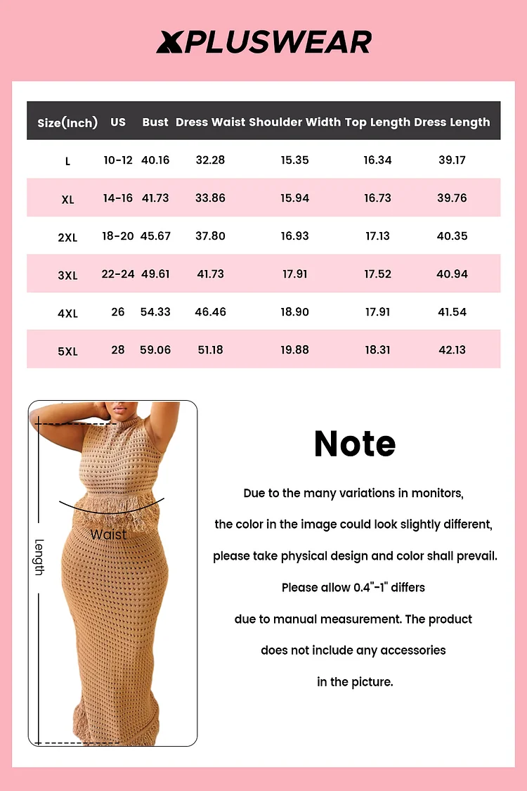 Plus Size Beach Khaki Sundress Round Neck Cut Out Two Piece Skirt Sets