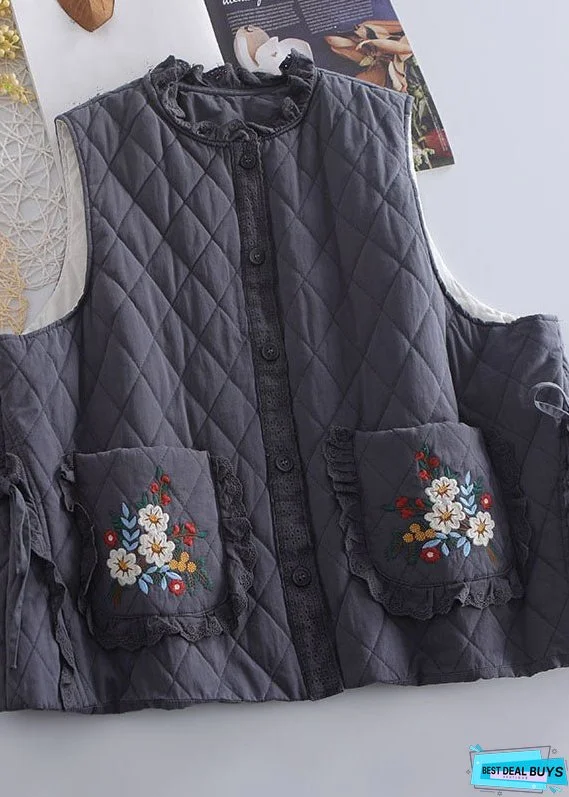 Organic Beige Embroideried Ruffled Patchwork Tie Waist Waistcoat Winter