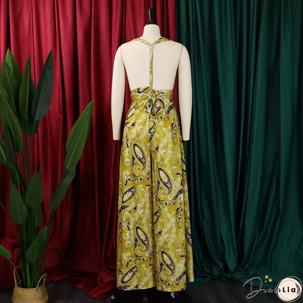 Plus Size Women African Print Halter Neck Beach Jumpsuit