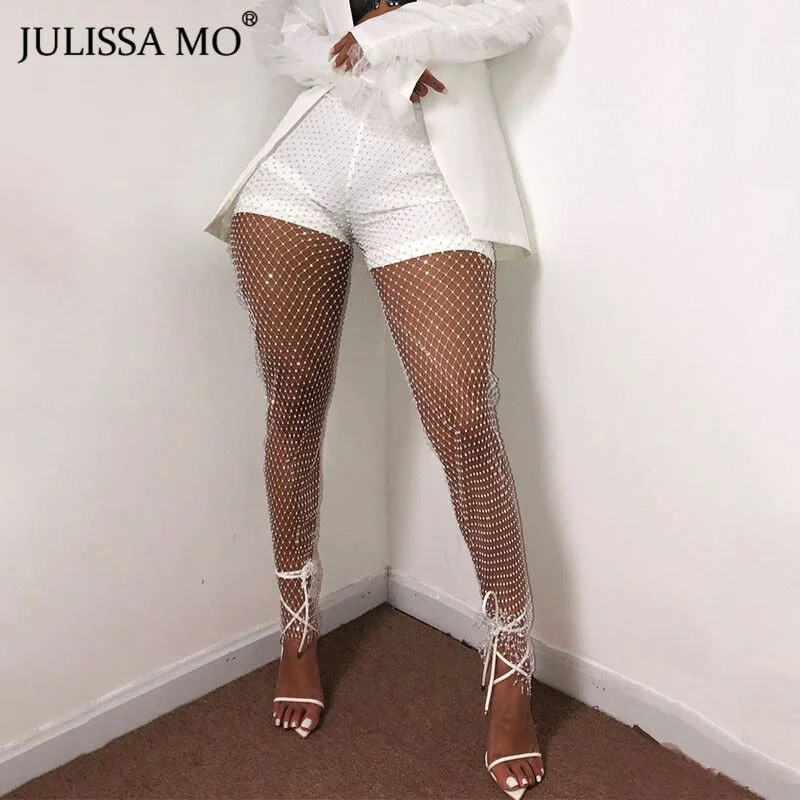 JULISSA MO Crystal Diamond Wide Leg Pants Women Sexy Hollow Out Transparent Mesh Trousers Winter Fishnet Beach Party Pants 2019