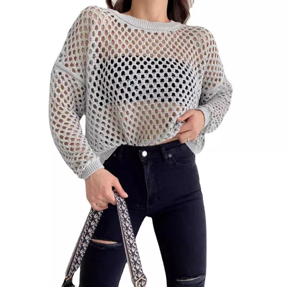 Nigikala Nigikala Spring And Summer New Knitted Shirt Horn Sleeve Loose Round Collar Hollow Sweater Woman