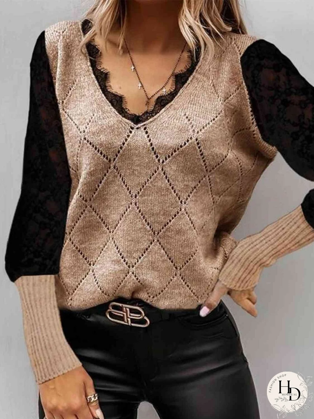 Lace Decor V Neck Two Tone Sweater