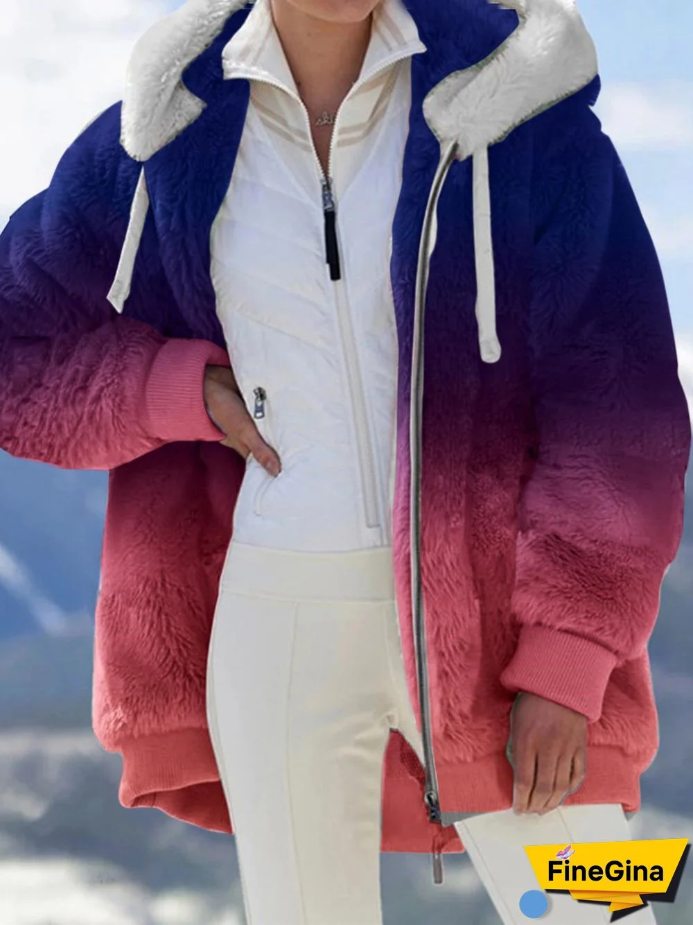 Women Long Sleeve Hooded Cardigan Gradient Coats