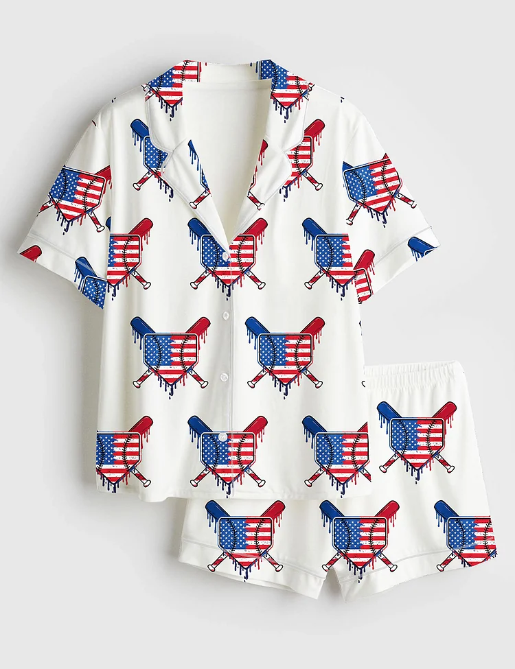 Women&rsquo;s Baseball Drip Boys Ice Cream Patriotic American Flag 4th Of July Baseball Print Short Sleeve Satin Pajama Set