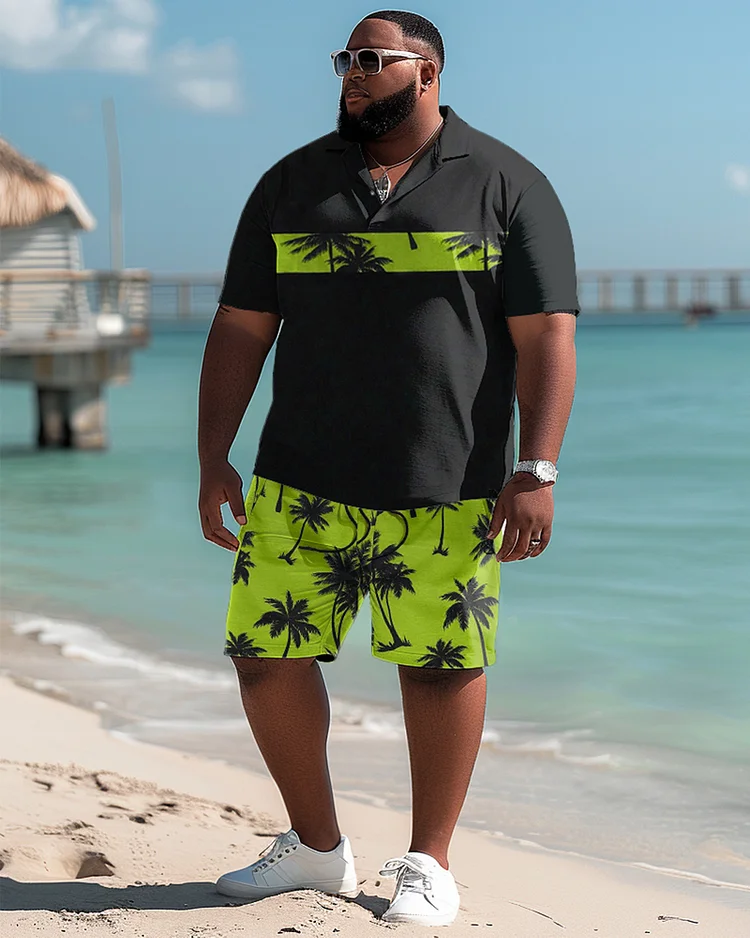 Hawaiian Art Coconut Color-block Shorts Men's Plus Size Set