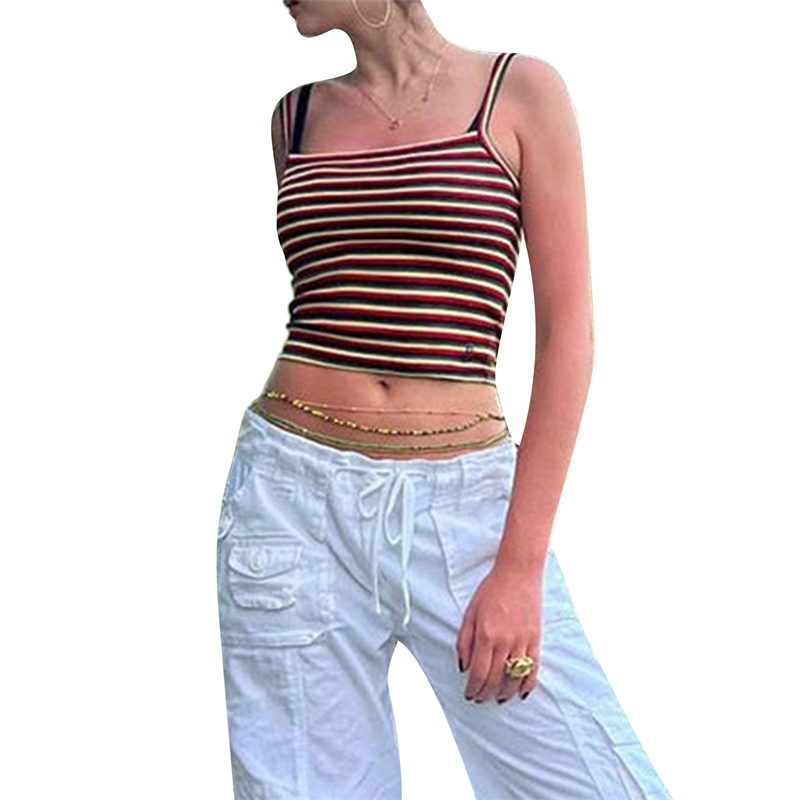 y2k Cami Top Summer Women Striped Square Collar Spaghetti Strap Sleeveless Tanks 2000s Aesthetic Clothes Streetwear