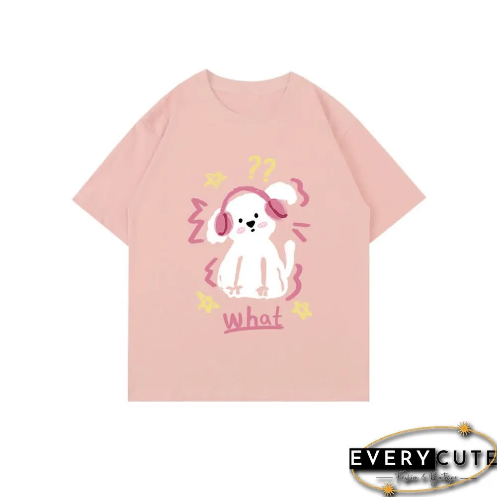 Kawaii Letter Puppy Print Round Collar Oversized T-Shirt