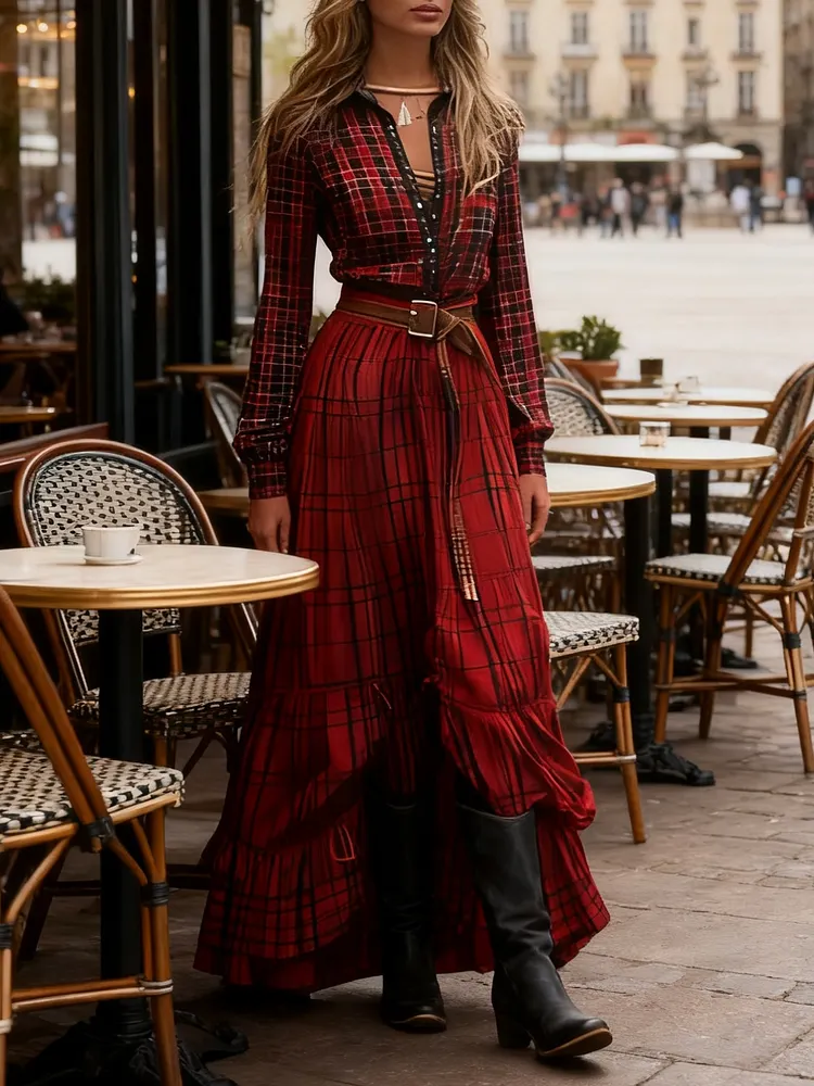 Vintage Red V Neck Plaid Patchwork Cotton Ankle Dress Spring
