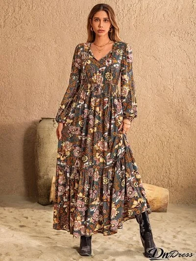 Printed Tie Neck Balloon Sleeve Dress