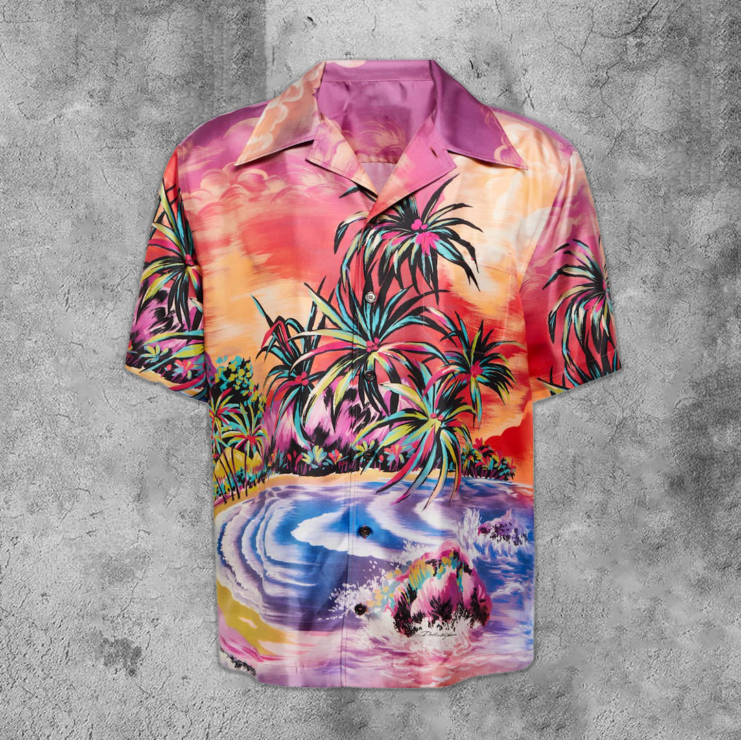 Loveciss®/ Holiday Pink Seaside Sunset Painting Short Sleeve Shirts
