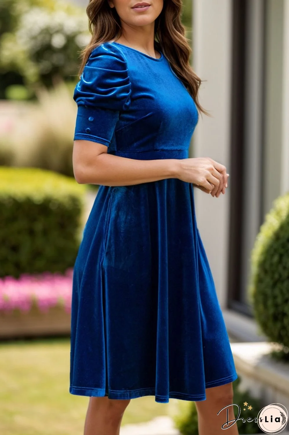 Velvet Round Neck Puff Sleeve Dress