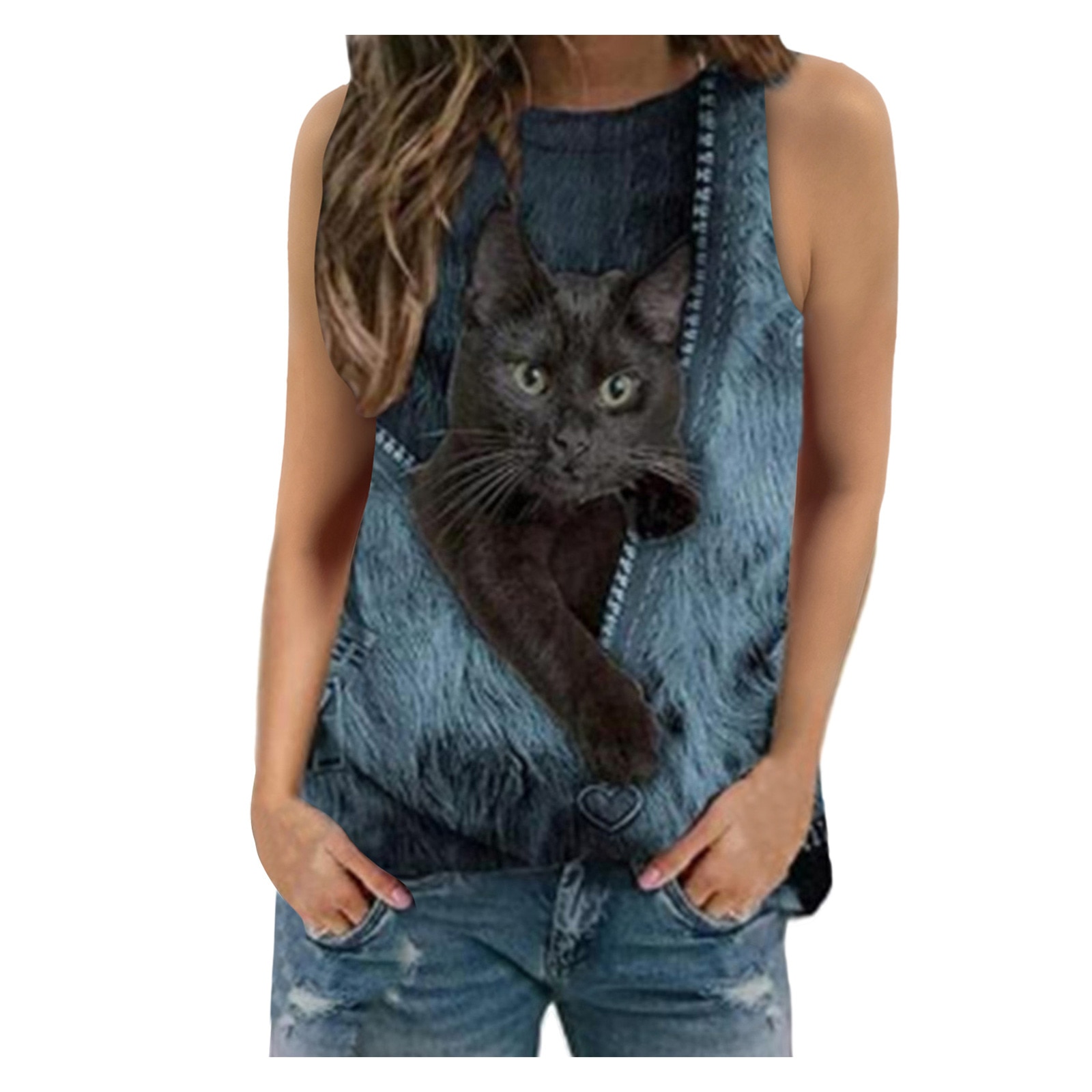 Women's Summer Round Neck Cat Print Retro Sleeveless Shirt Loose Casual Oversize Beach Vest Tshirt Plus Size Ropa De Mujer