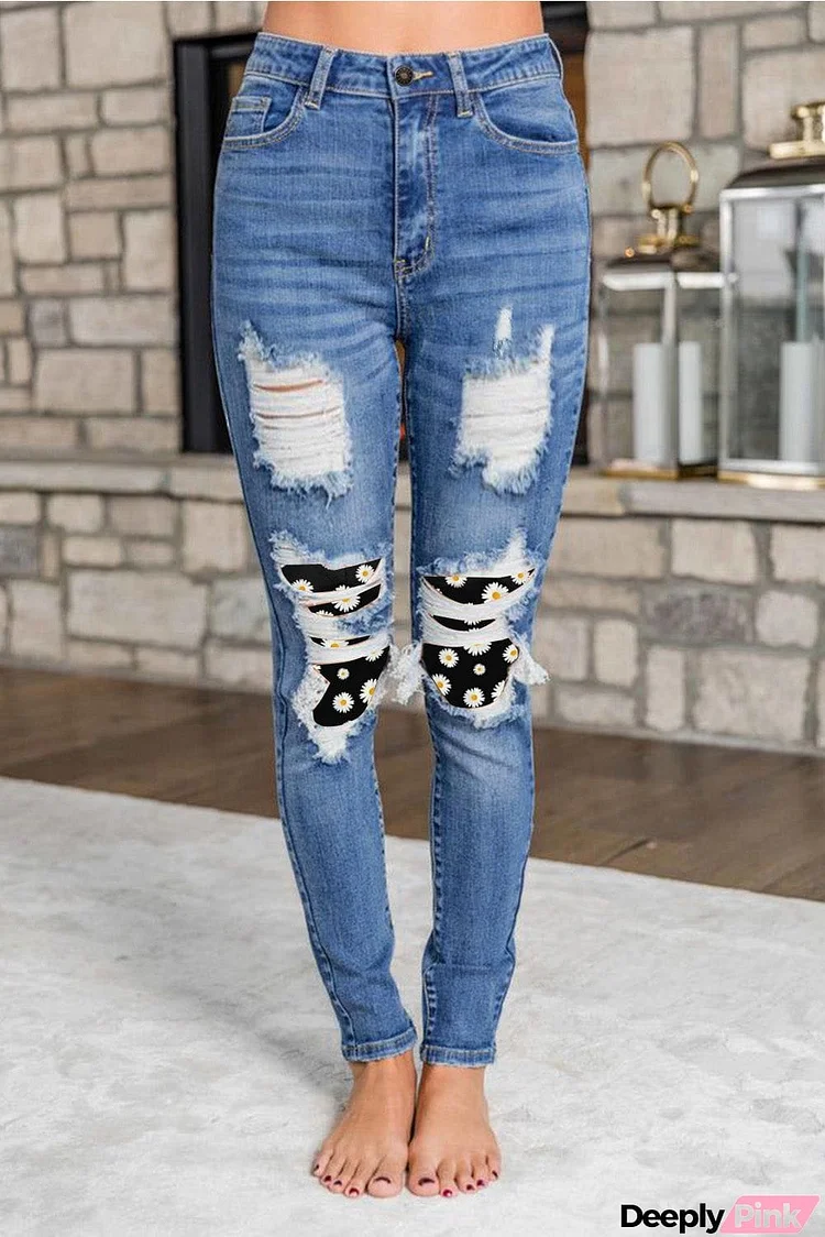 Floral Patches Ripped Jeans