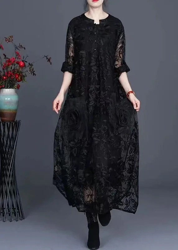 Italian Black Jacquard Long Lace Dress Casual  Maxi Dress