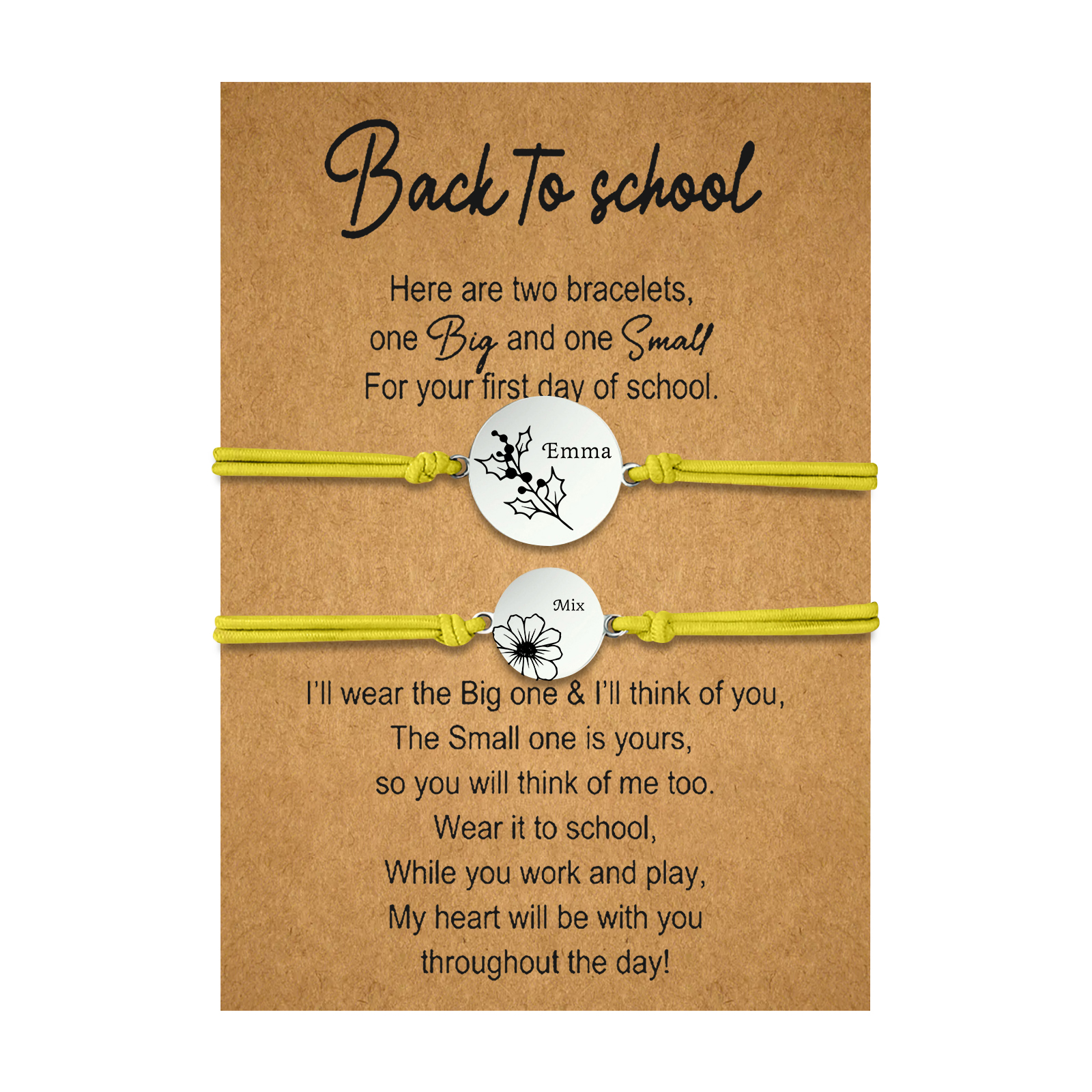 2 Pcs Bracelet Set Personalised Names & Birth Flowers Adjustable Bracelets with Message Card Back to School Gifts for Daughters-Jessemade AU