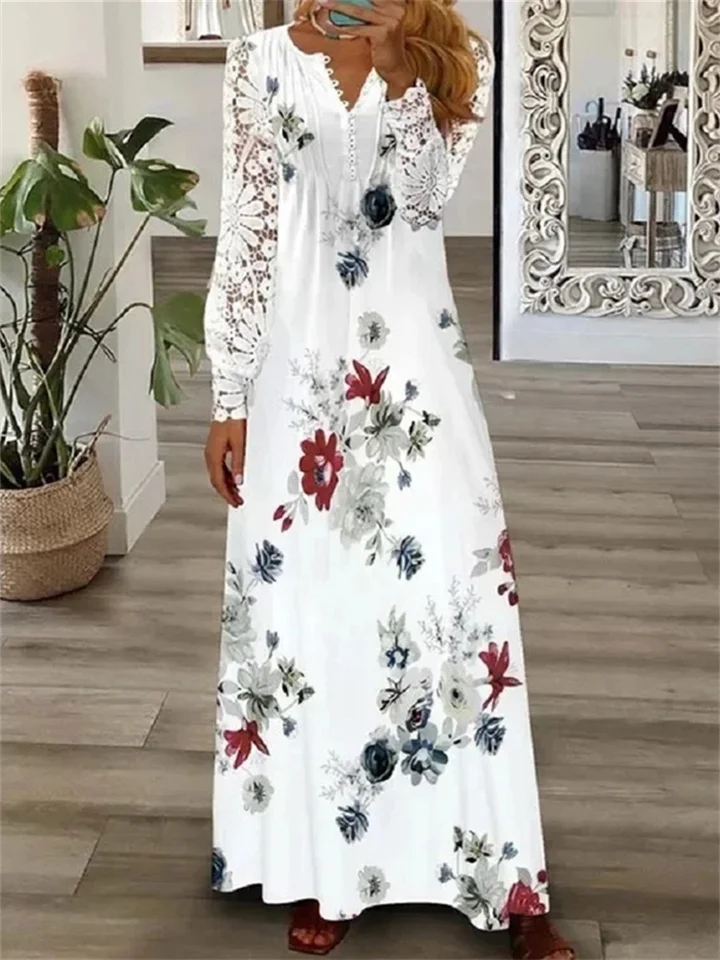 Spring and Summer Women's Fashion V-neck Long-sleeved Lace Long Dress-Cosfine