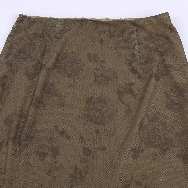 VINTAGE BROWN MESH PRINT MIDI SKIRT