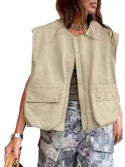 Nigikala Nigikala New Sleeveless Pocket Loose Vest Zipper Coat Woman