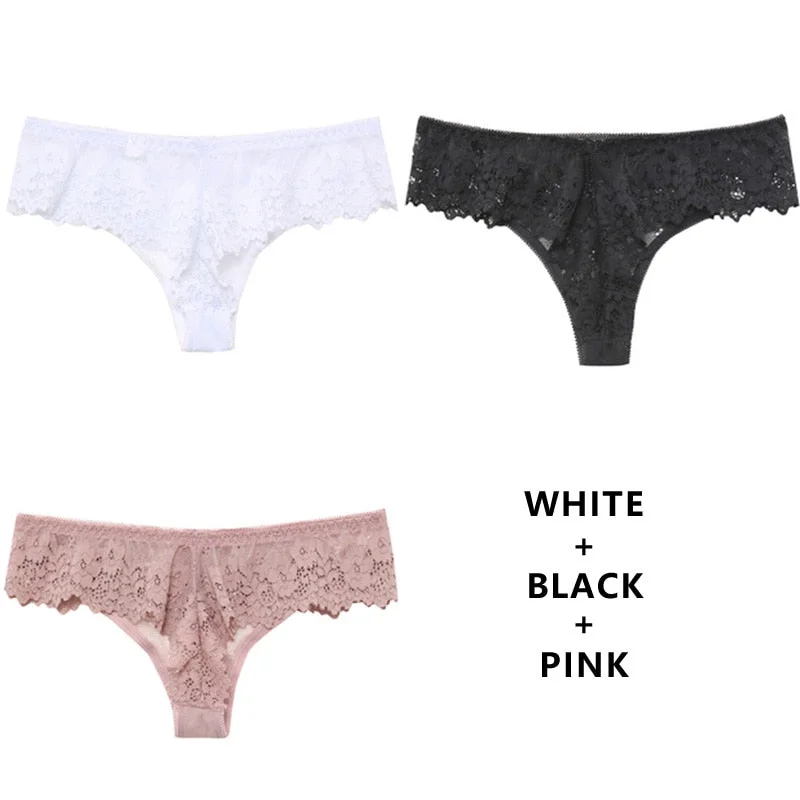 Meet'r 3Pcs/Lot Women Sexy Lace Lingerie Temptation Low-Waist Panties Embroidery Underwear Female Thong Transparent G String