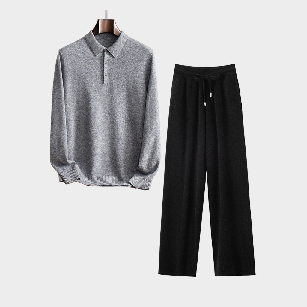 Men's Polo-Style Cashmere Sweater and Pants Set | Classic Tailored REAL SILK LIFE