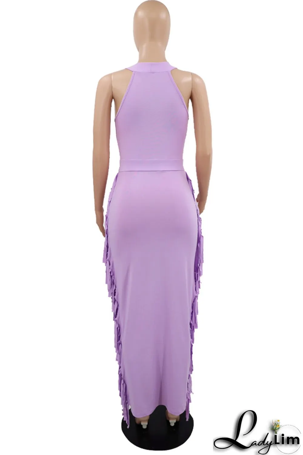 Purple Fashion Casual Solid Tassel Patchwork O Neck Sleeveless Dress