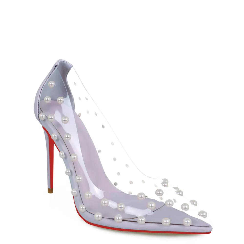 100mm Women's Pumps Pointed Toe Women High Heel Shoes Fashion Pearl Studded PVC Clear Heels Party Dress Red Bottom Shoes-vocosishoes
