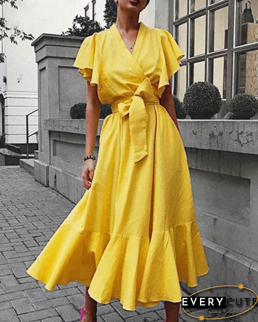 Retro Solid Color V-neck High-waist Lace-up Ruffle Dress