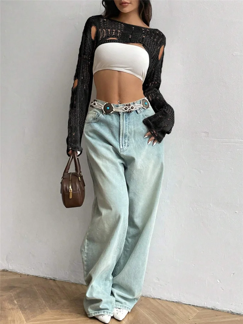 Athvotar Athvotar Spring And Summer New Tuk Hollow Hole Design Knitted Shirt Short Sweater