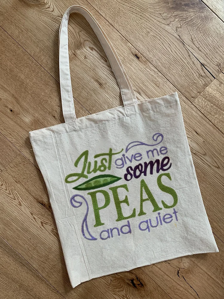 Utbros Just Give Me Some Peas And Quiet Funny Embroidered Tote Bag