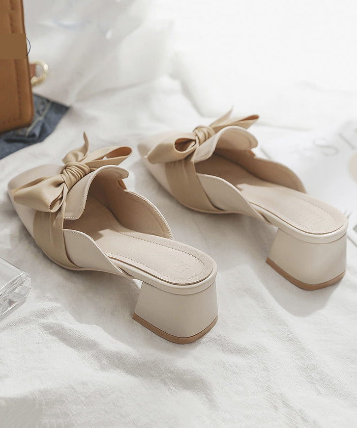 VCSHOES Bow Splicing Chunky Heel Beige Faux Leather